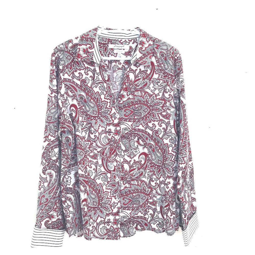Foxcroft button down shirt women's 14 paisley stripes "wrinkle free" "fitted"